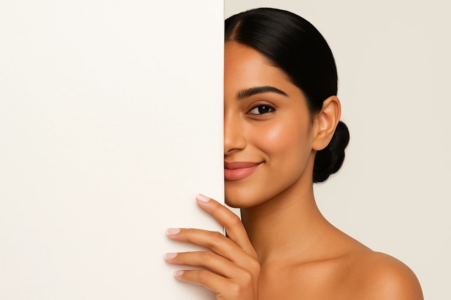 Woman with smooth, clear skin peering from behind a white panel on a beige background, highlighting common hair and skin concerns