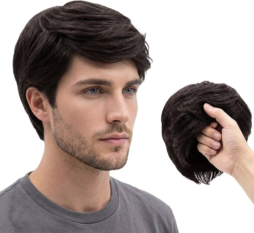 Man wearing a natural non-surgical hair system beside a custom hair patch — Berkowits Sion